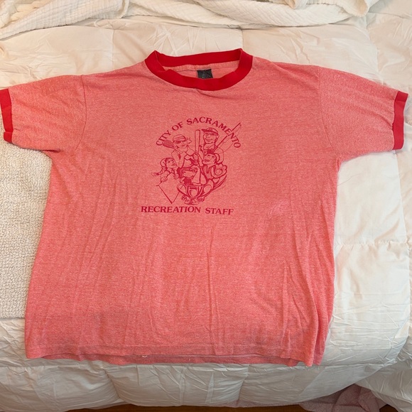 Vintage Tops - Vintage Heathered Red Ringer Graphic Tee - Short Sleeve